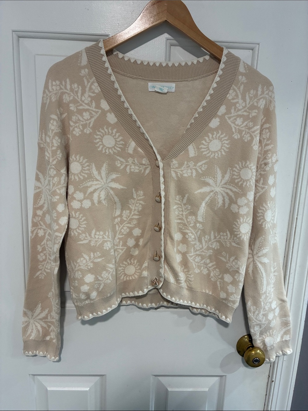 Cynthia Rowley Beige & Cream Floral Jacquard V-Neck Cardigan